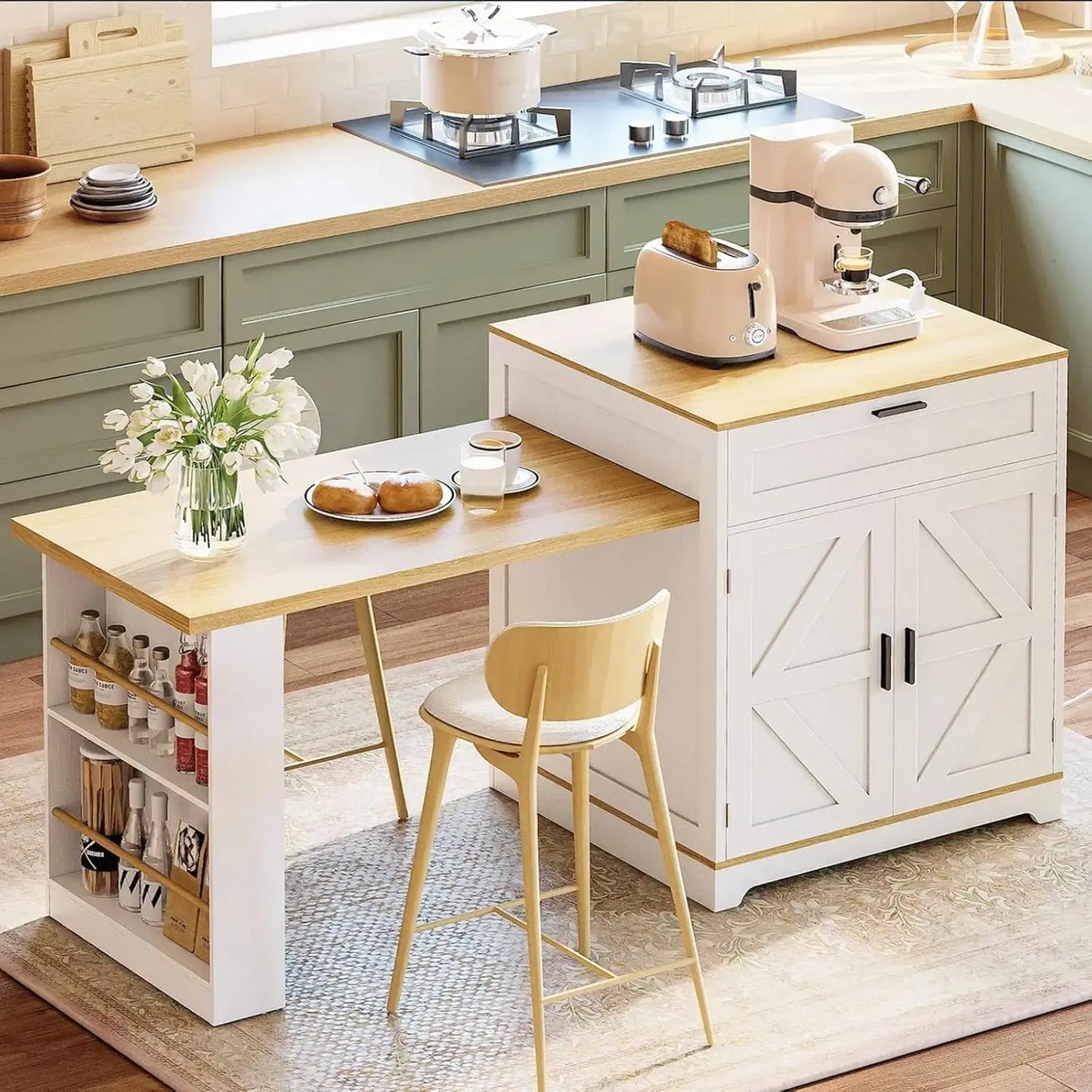 Extendable Farmhouse Kitchen Island with Dining Table & Spice Rack