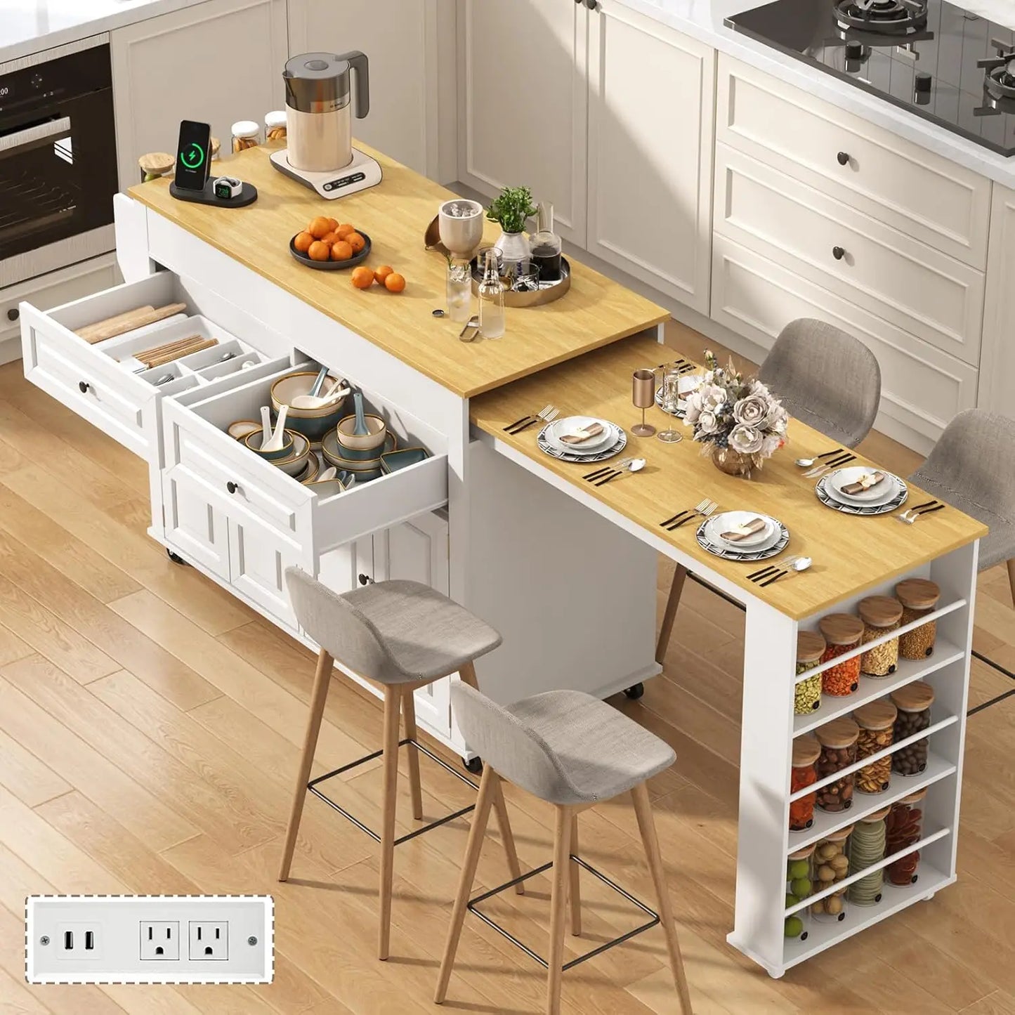 Extendable Kitchen Island with Dining Area & Power Outlet