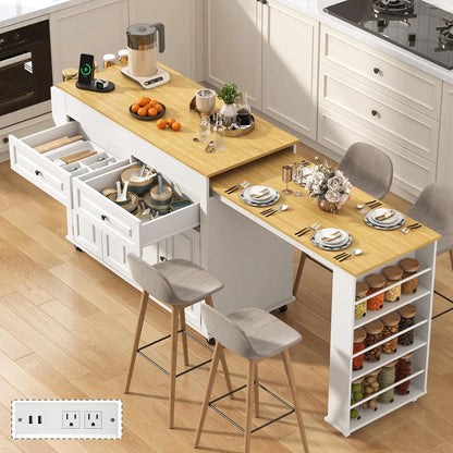 Extendable Kitchen Island with Dining Area & Power Outlet