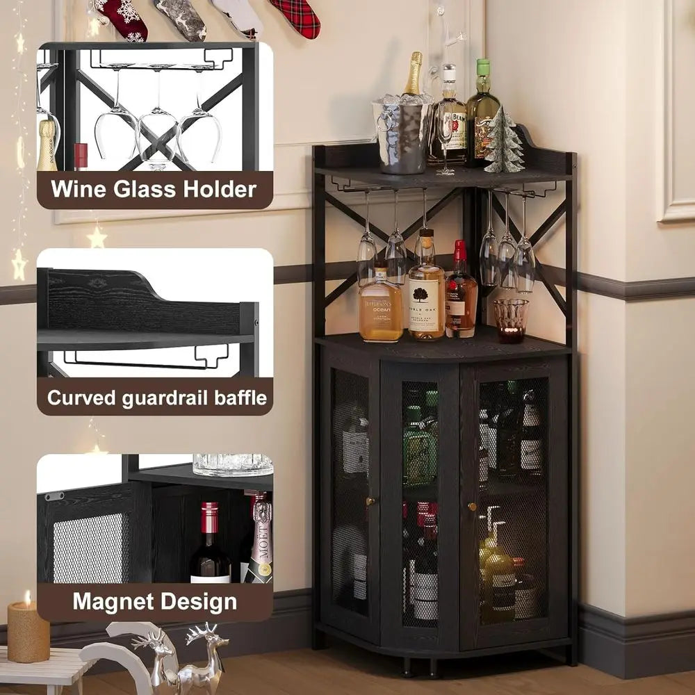 Corner Bar, Wine & Liquor Cabinet with Glass Holders