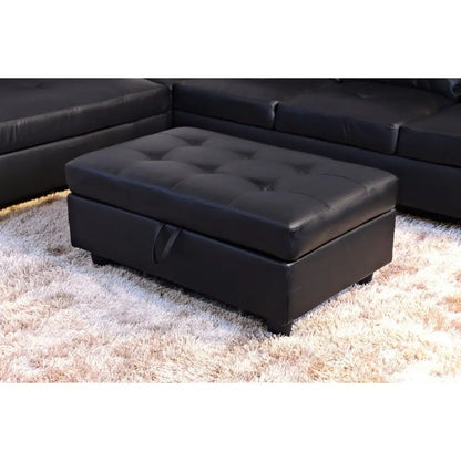 Black Leather Sectional Sofa Set with Ottoman