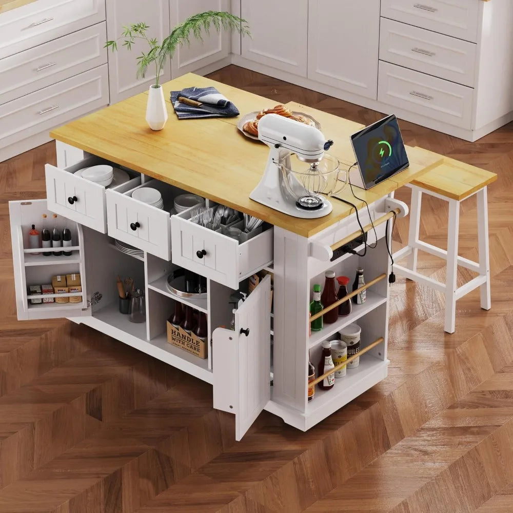 Mobile Farmhouse Kitchen Island with Dining Counter & Power Outlet