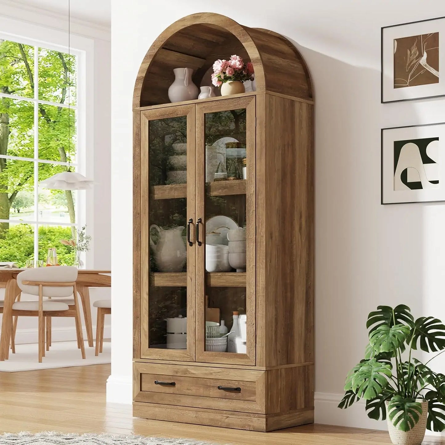 75" Tall, Arched Kitchen Pantry Cabinet with Glass Doors
