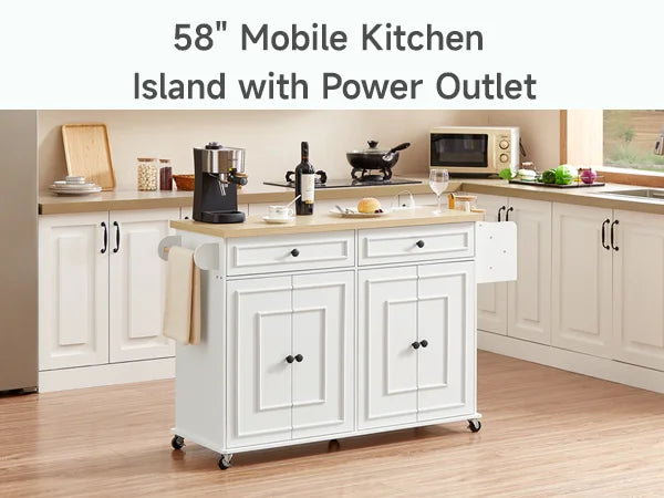 Mobile Kitchen Island with Spice Rack & Power Outlet