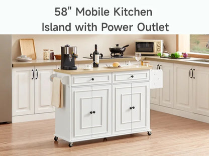 Mobile Kitchen Island with Spice Rack & Power Outlet