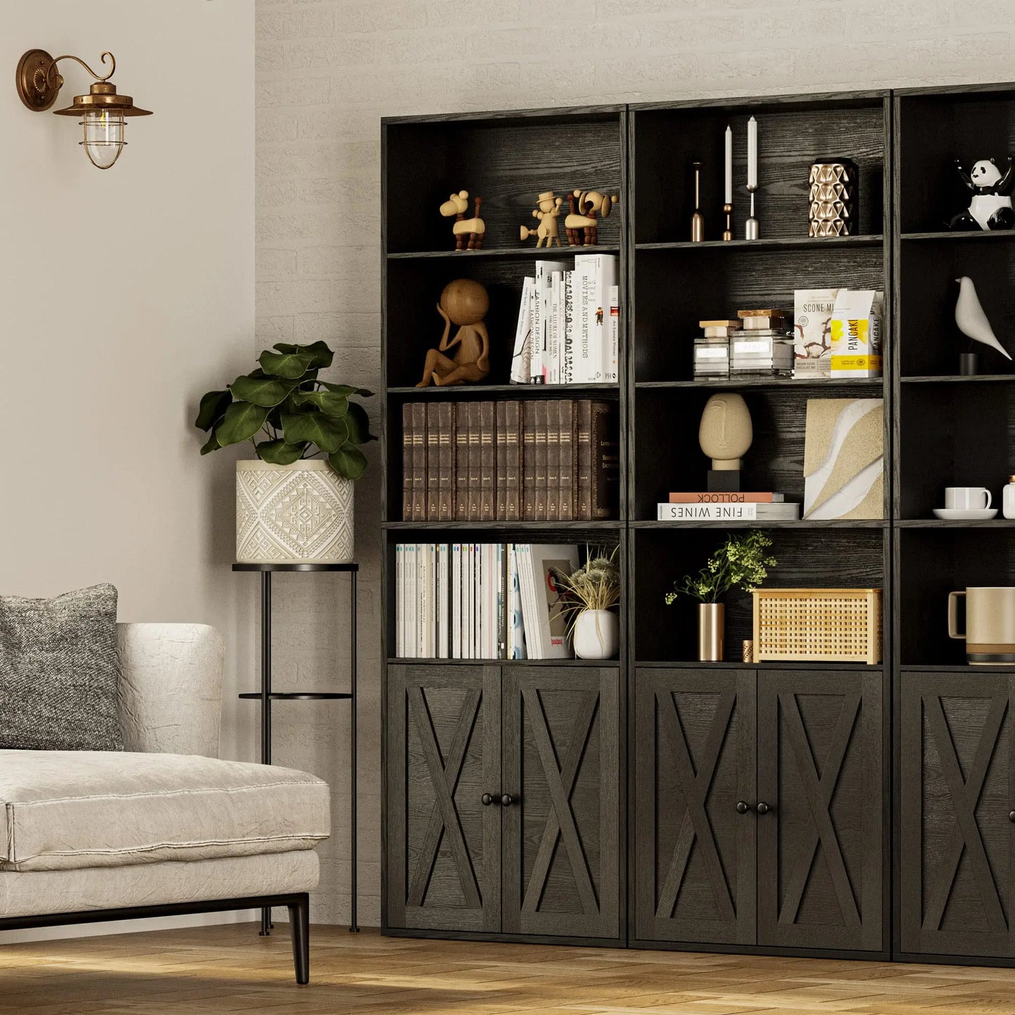 Farmhouse Bookshelf with Open Display & Storage Cabinet