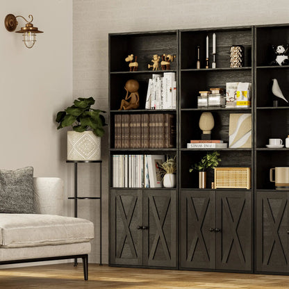 Farmhouse Bookshelf with Open Display & Storage Cabinet
