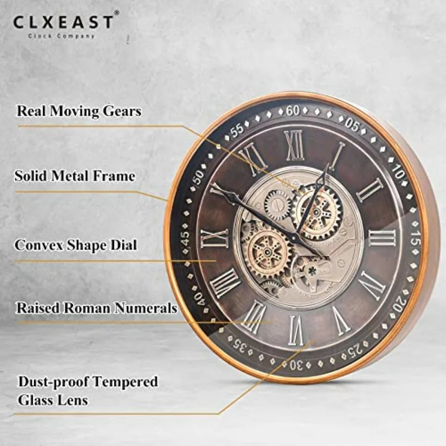 24" Industrial Steampunk Style Wall Clock with Moving Gears