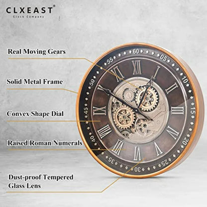 24" Industrial Steampunk Style Wall Clock with Moving Gears