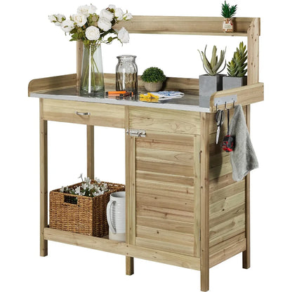 Outdoor Garden Potting Bench with Metal Tabletop