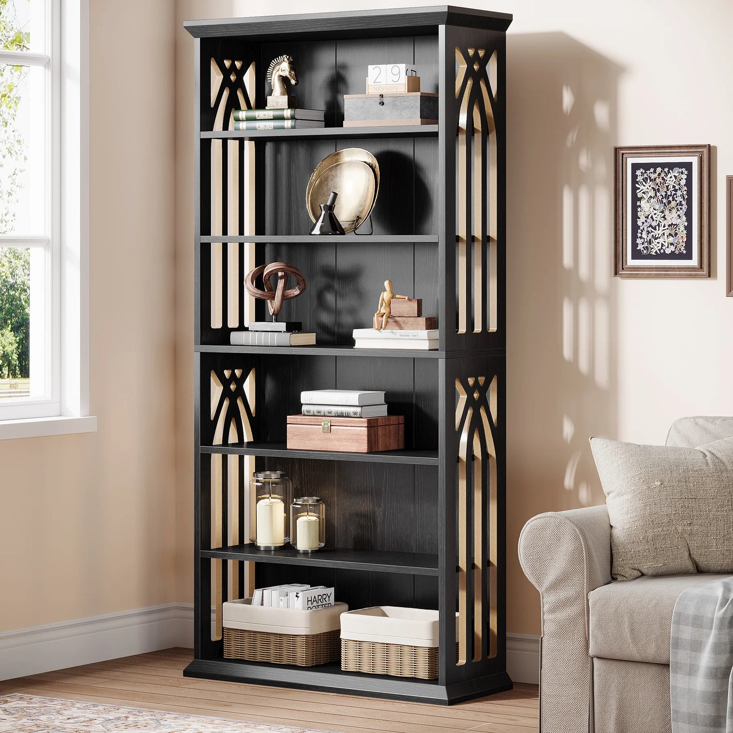 75" Tall Wooden Bookshelf with Display Shelves