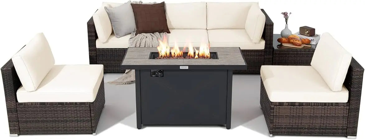 7 Piece Patio Furniture Set with Fire Pit Table