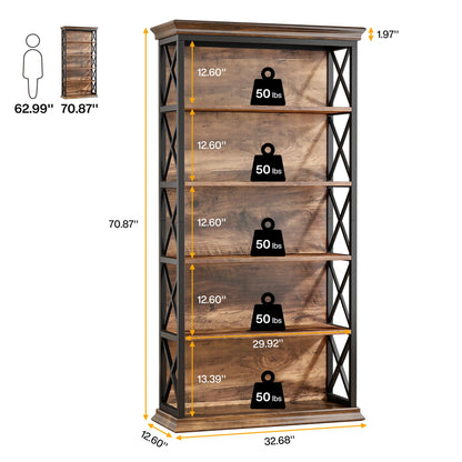71" Tall Bookshelf with 5 Shelf Display Storage