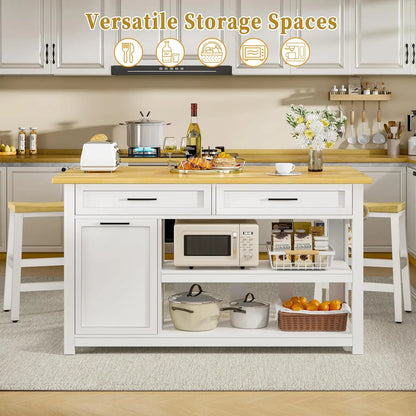 Farmhouse Kitchen Island with Dining Area, 2 Bar Stools & Trash Cabinet