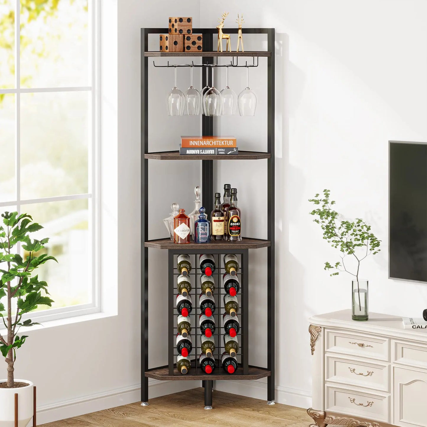 Corner Shelf Wine Rack Bar Cabinet with Glass Holder