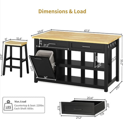 Kitchen Island Includes 2 Bar Stools, Trash Storage & Power Outlet