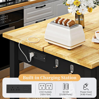 Kitchen Island Includes 2 Bar Stools, Trash Storage & Power Outlet