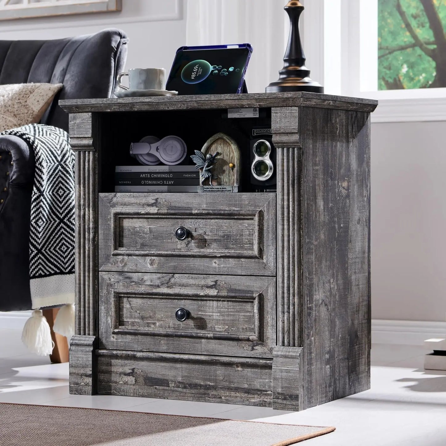 Farmhouse Nightstand with Charging Station