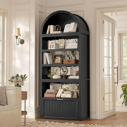 81" Tall Arched Bookshelf with Display Shelves & Cabinet Doors