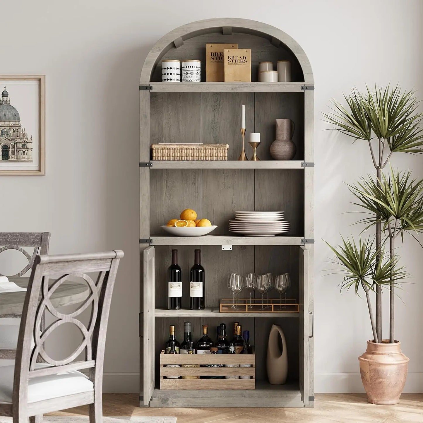 71.5" Tall, Arched Farmhouse Bookshelf & Cabinet with Doors
