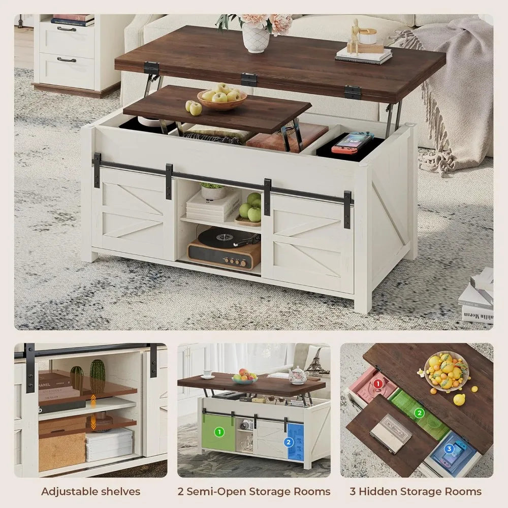 Lift Top Farmhouse Coffee Table with Adjustable Shelves
