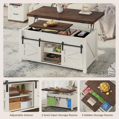 Lift Top Farmhouse Coffee Table with Adjustable Shelves