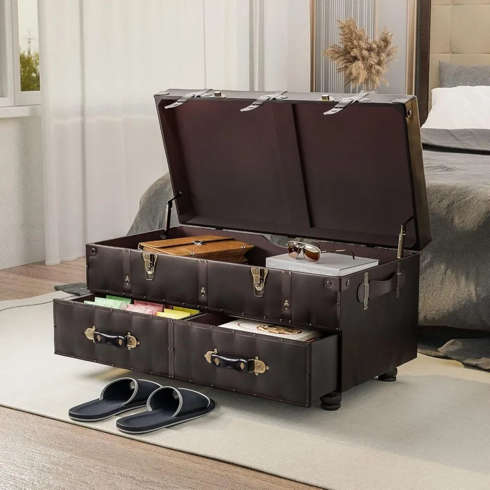 Upholstered Mid-Century Faux Leather Ottoman