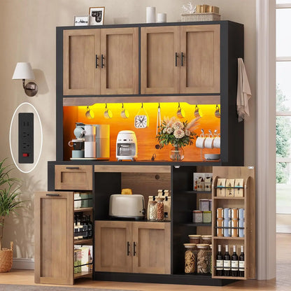 Kitchen Pantry Cabinet with Charging Station & LED Light