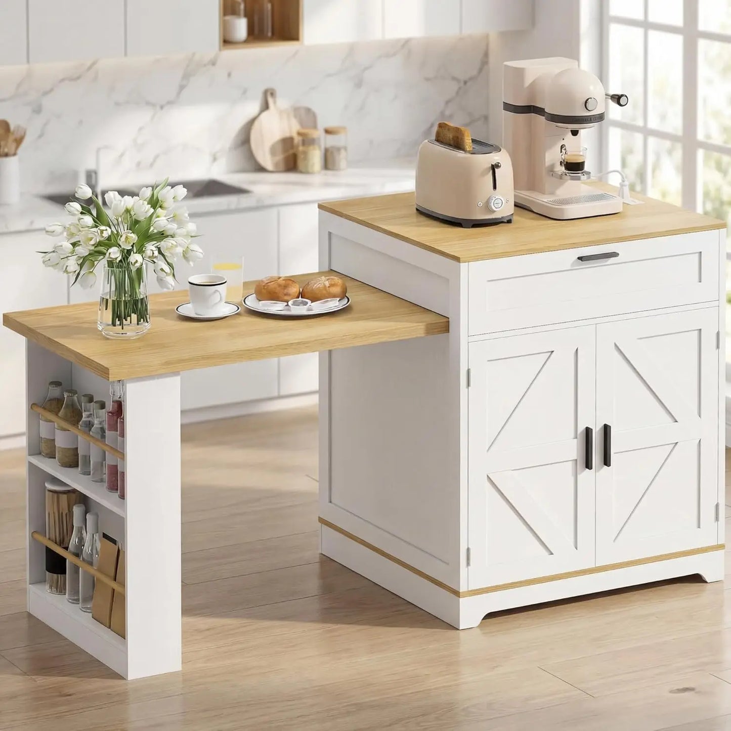 Extendable Farmhouse Kitchen Island with Dining Table & Spice Rack