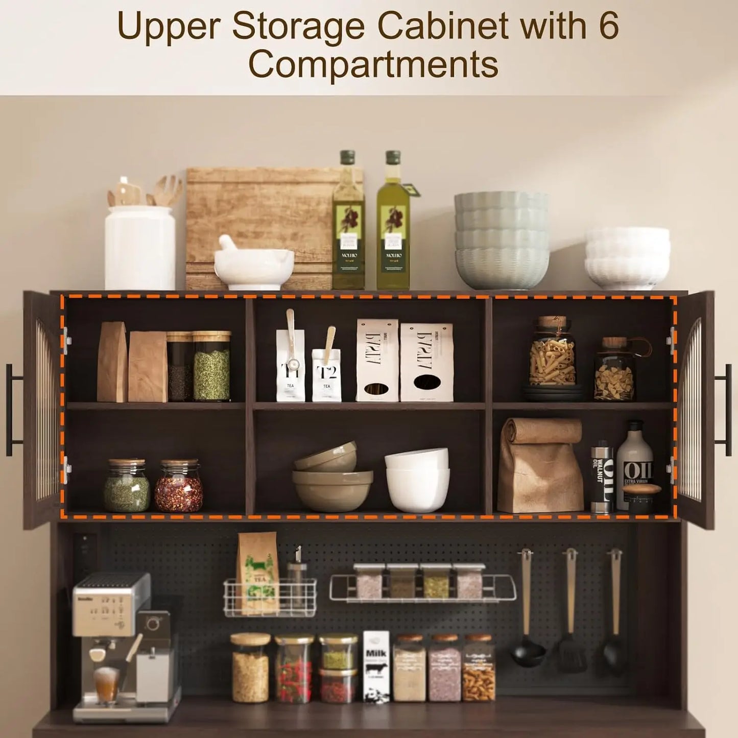 71" Tall, Kitchen Hutch Cabinet with Charging Station & LED