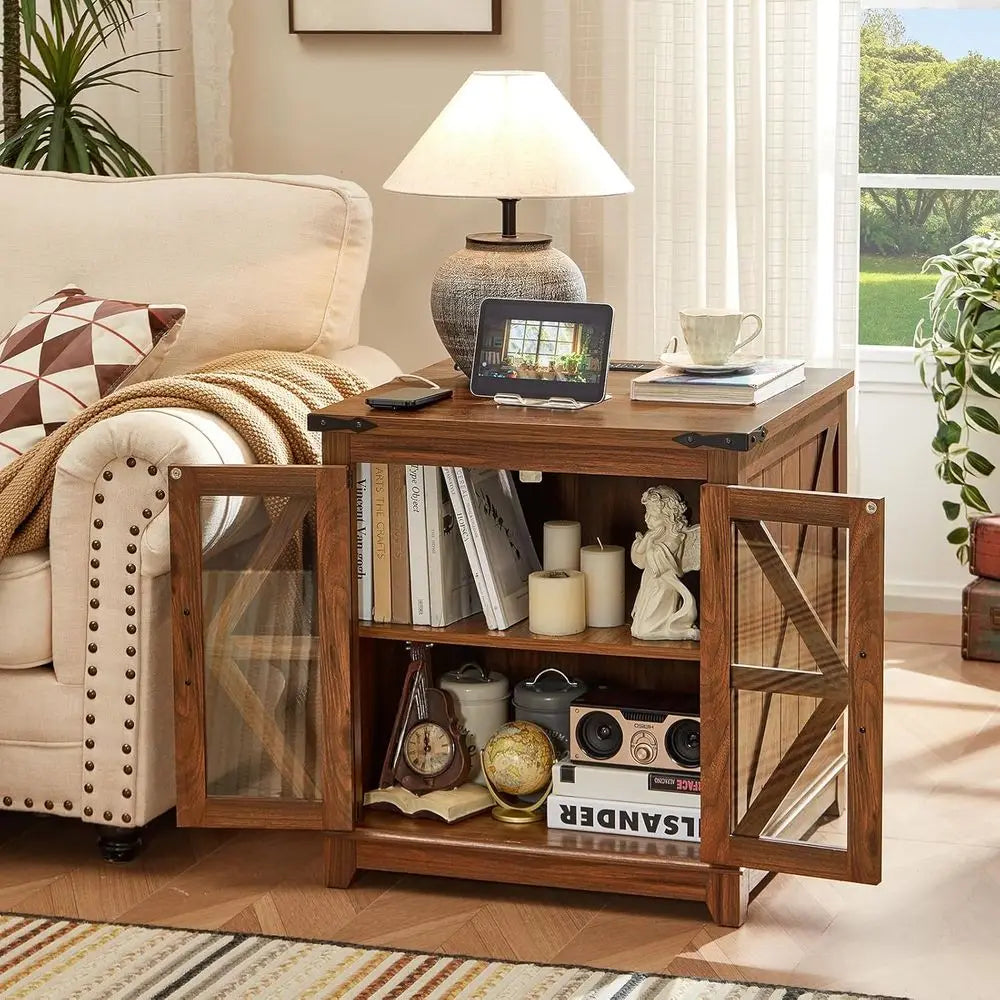 Set of 2 Farmhouse End Tables with Glass Doors