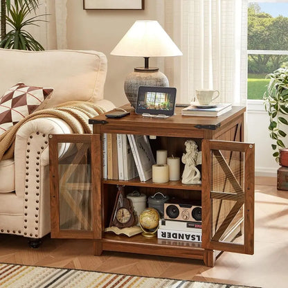 Set of 2 Farmhouse End Tables with Glass Doors