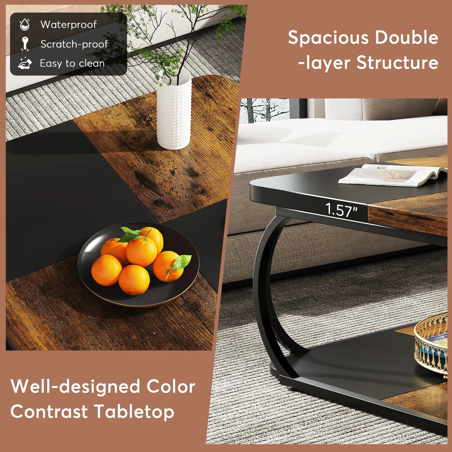 Farmhouse Coffee Table with Wood Storage Shelf