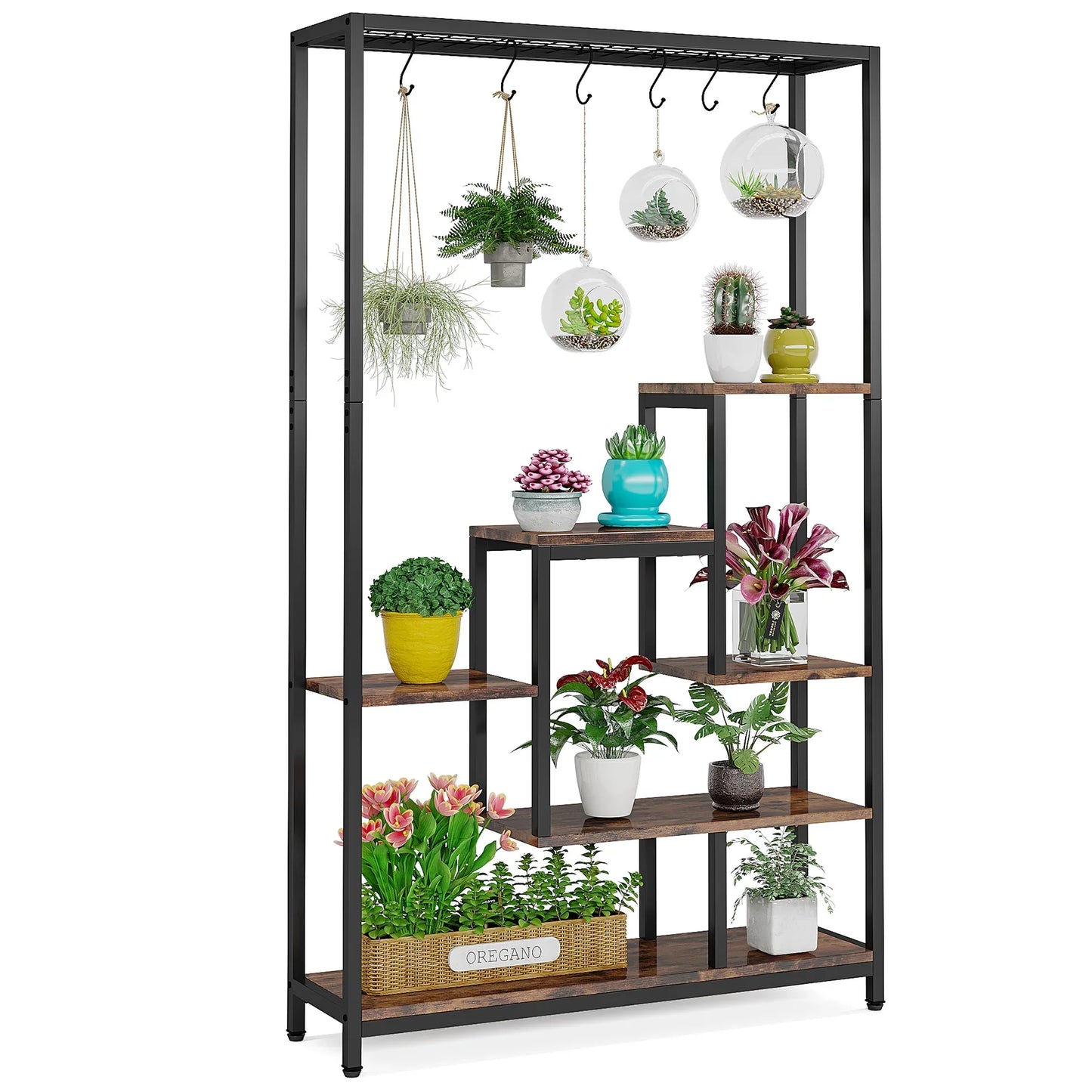 71" Tall, Indoor, Outdoor Plant Stand with Hanging Hooks