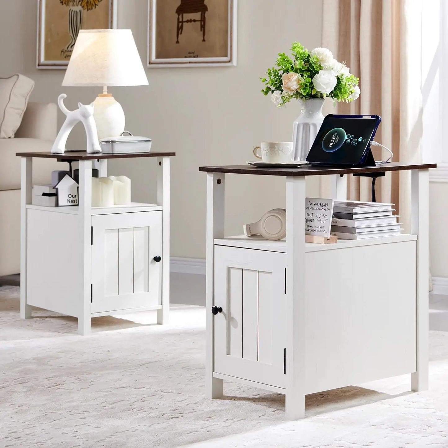 Farmhouse Nightstand Set of 2 with Charging Station