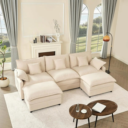 Sectional Linen Sofa with Movable Ottomans