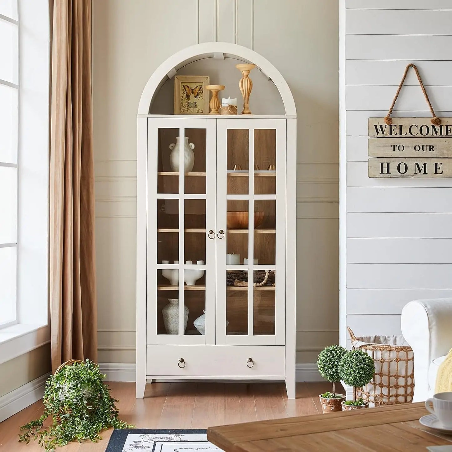 71” Tall, Arched Farmhouse Cabinet with Glass Doors