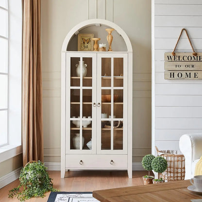 71” Tall, Arched Farmhouse Cabinet with Glass Doors