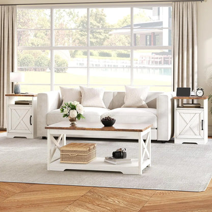 3-Piece Farmhouse Coffee & End Table Set with USB Ports