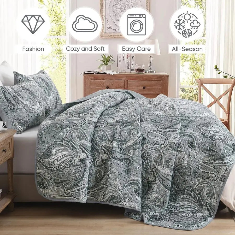 Dark Grey Paisley Quilt Bedding Set for King Size Bed