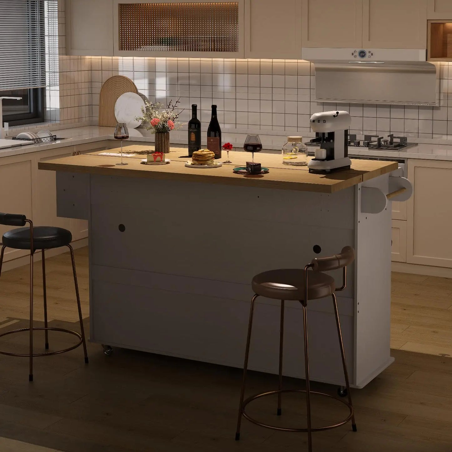 Mobile Kitchen Island with Trash Storage Cabinet & Power Outlet