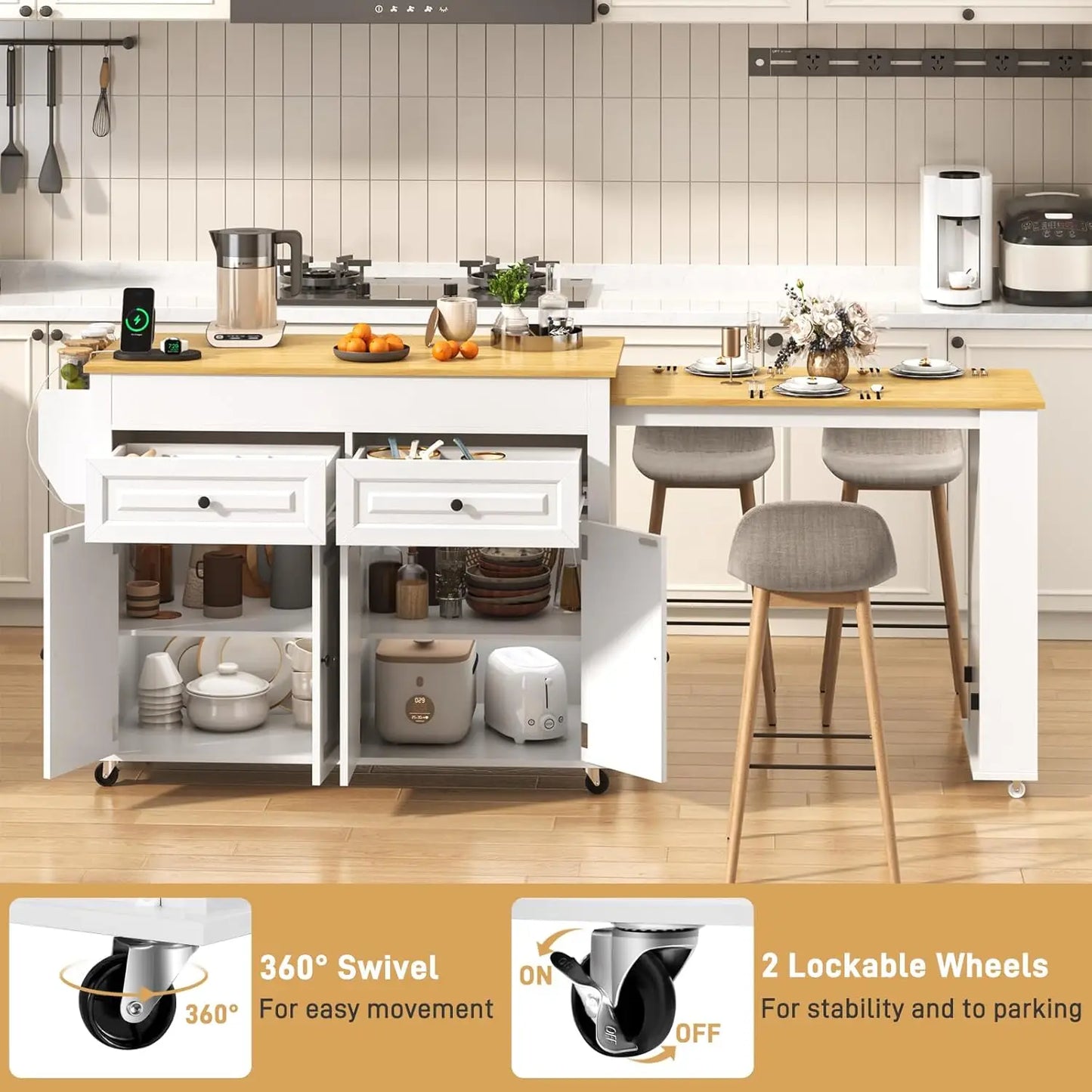 Extendable Kitchen Island with Dining Area & Power Outlet