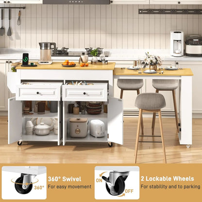 Extendable Kitchen Island with Dining Area & Power Outlet