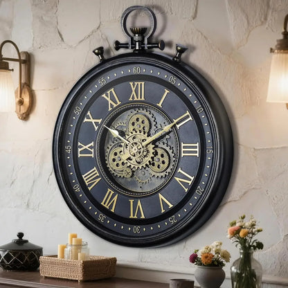 24" Farmhouse Wall Clock with Industrial Steampunk Gears