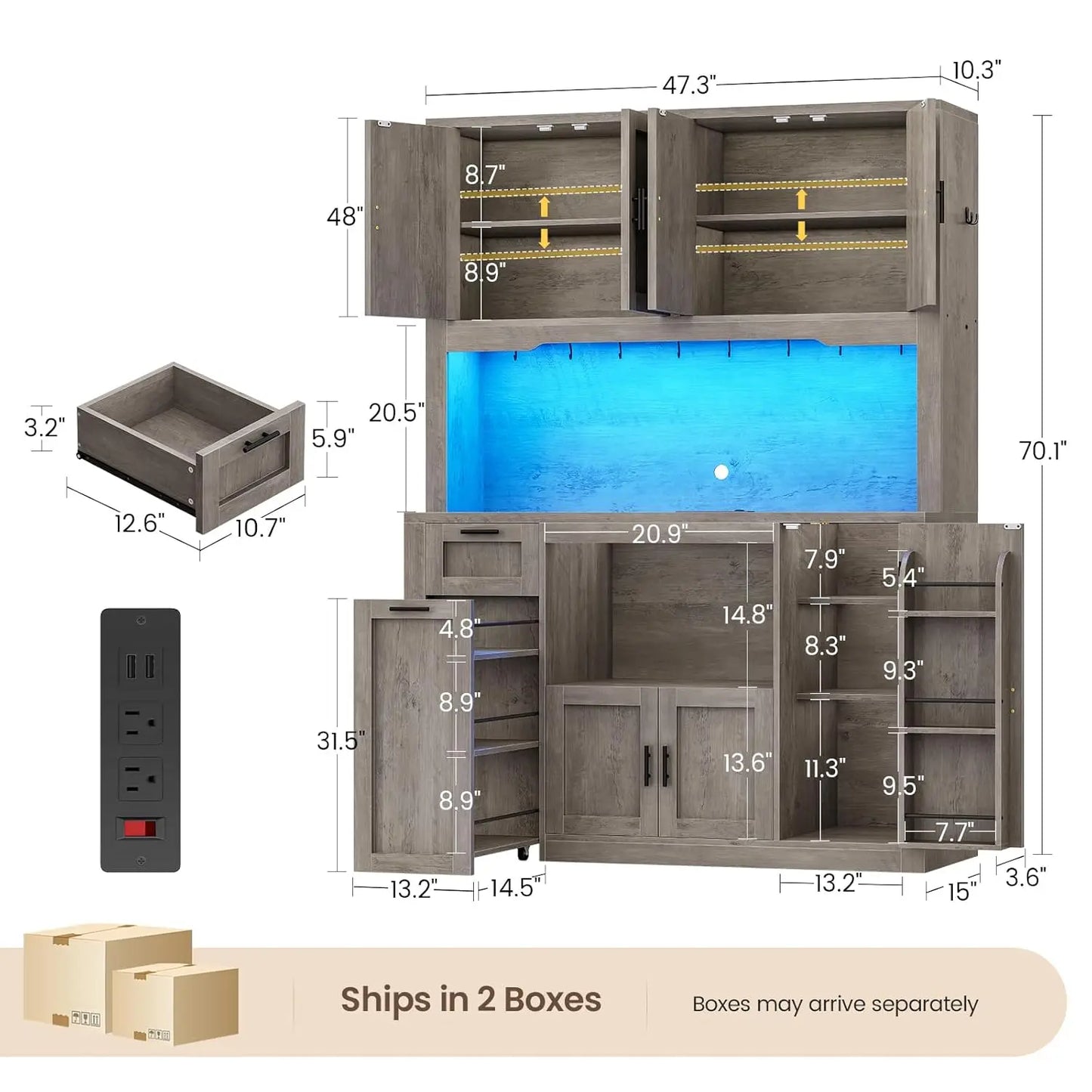 Kitchen Pantry Cabinet with Charging Station & LED Light