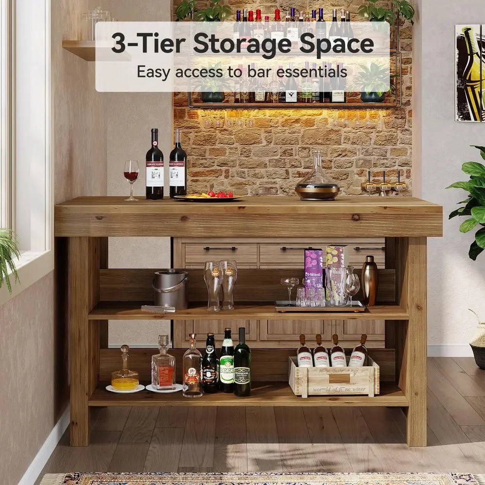 3 Tier, Farmhouse Bar Counter with Open Storage Shelves