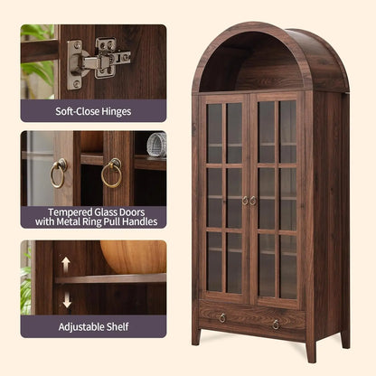 71” Tall, Arched Farmhouse Cabinet with Glass Doors