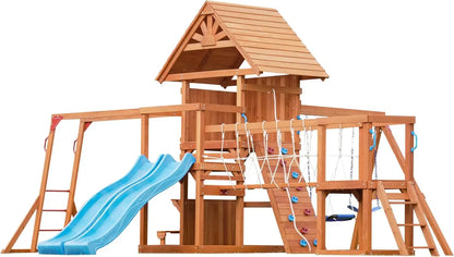 Wooden Play Fort with Swing Set, Slide, Monkey Bar & Plank Bridge
