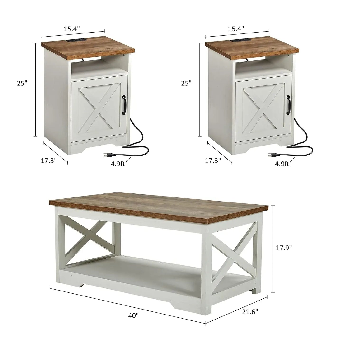 3-Piece Farmhouse Coffee & End Table Set with USB Ports