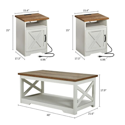 3-Piece Farmhouse Coffee & End Table Set with USB Ports